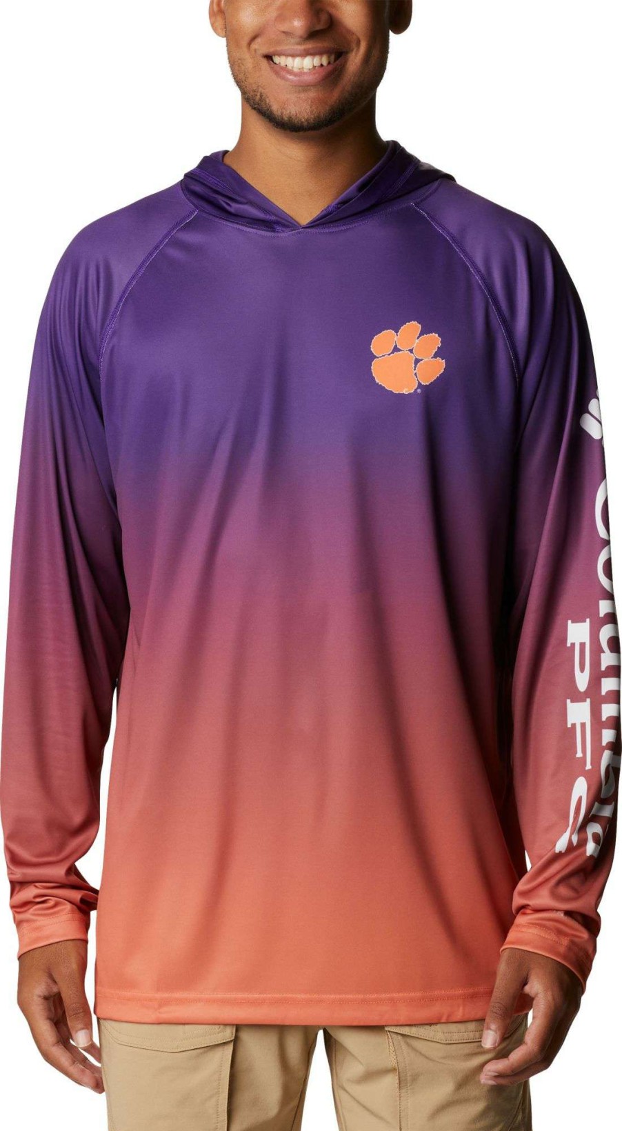 Sweatshirts * | Columbia Men'S Clemson Tigers Regalia Pfg Super Terminal Tackle Long Sleeve Hooded T-Shirt