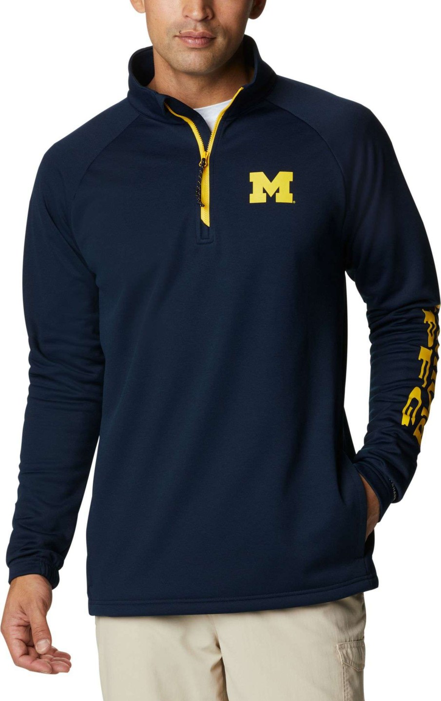 Jackets * | Columbia Men'S Michigan Wolverines Blue Pfg Terminal Tackle Quarter-Zip Pullover Shirt