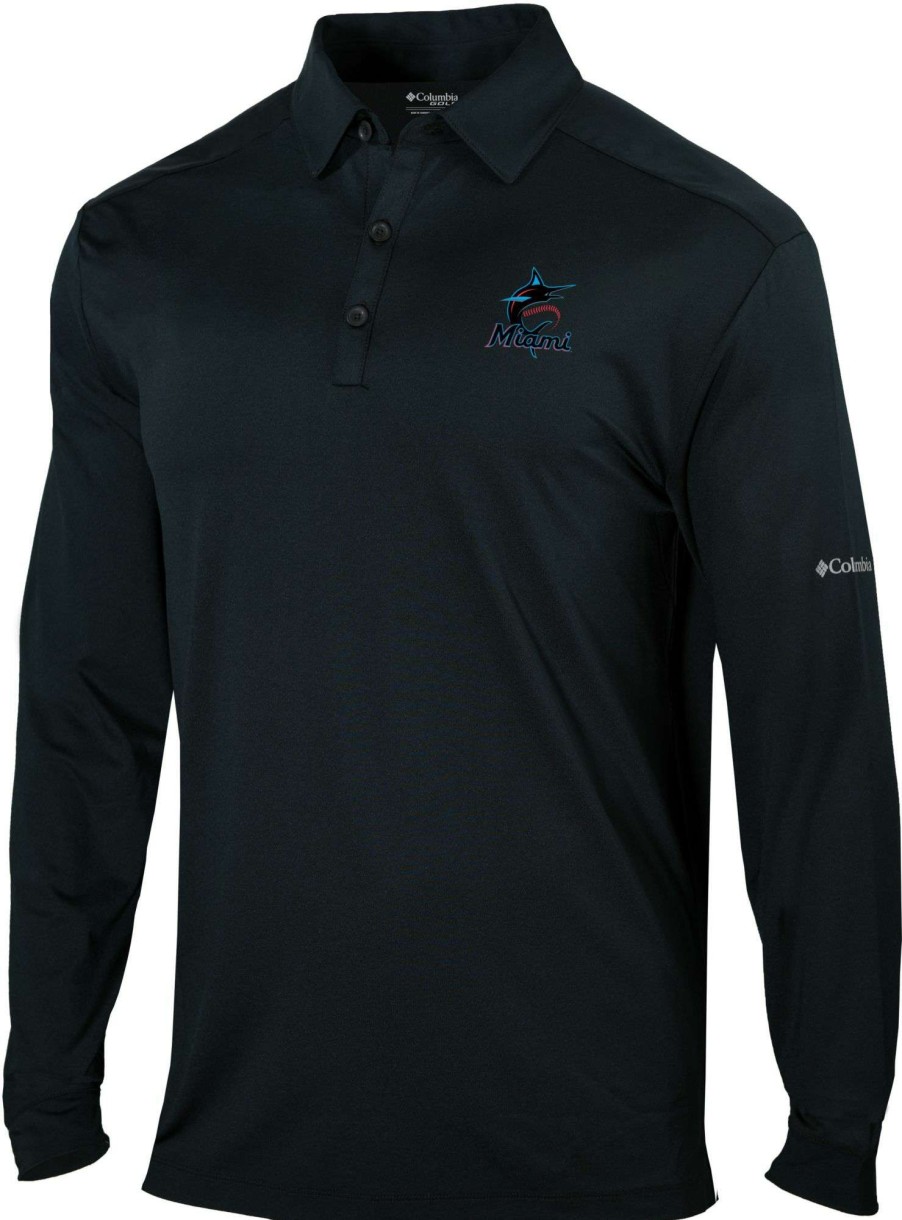 Shirts * | Columbia Men'S Miami Marlins Black Pin High Long Sleeve Polo