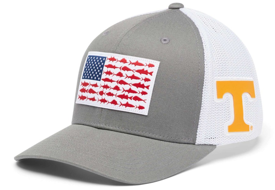 Hats * | Columbia Men'S Tennessee Volunteers Grey Pfg Fish Flag Mesh Fitted Hat