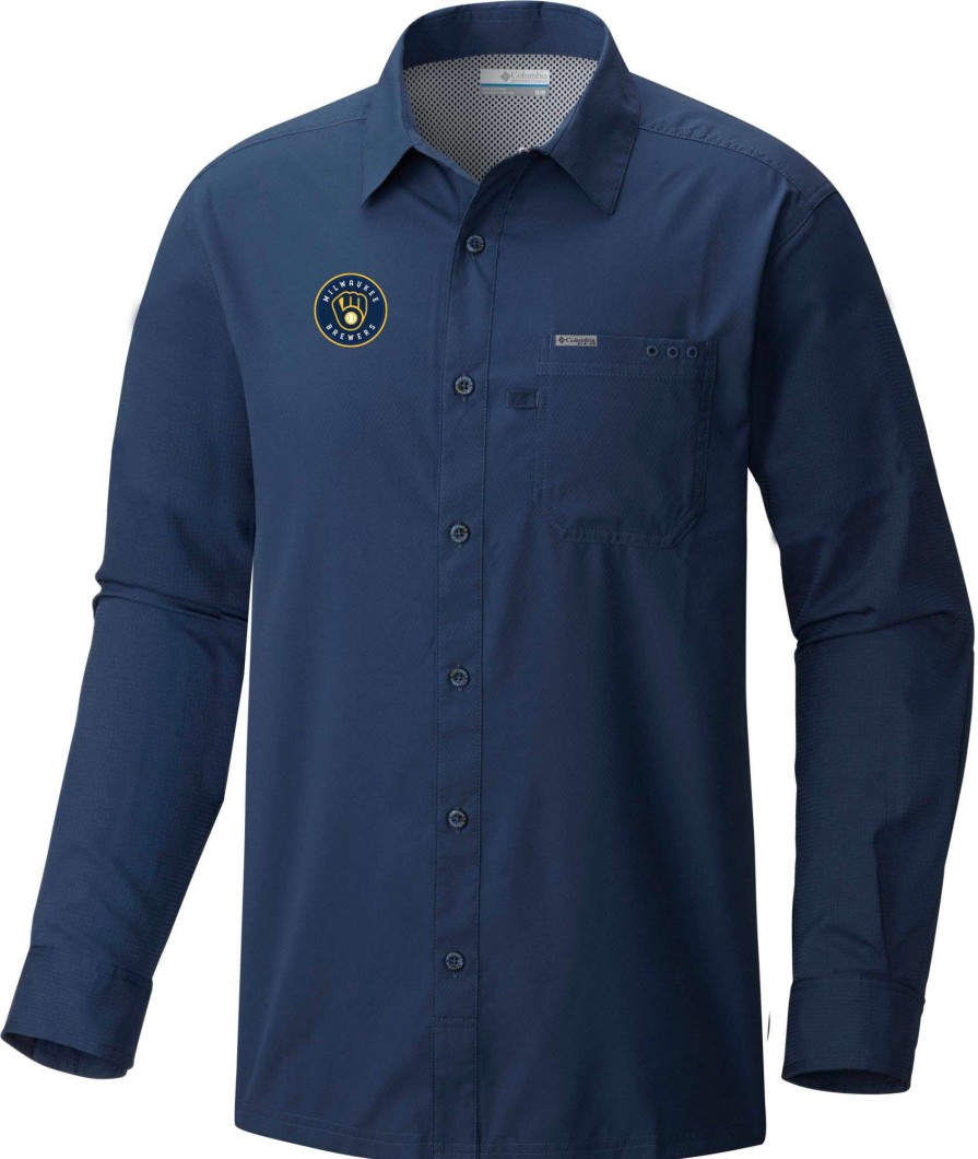 Shirts * | Columbia Men'S Milwaukee Brewers Navy Slack Tide Long Sleeve T-Shirt