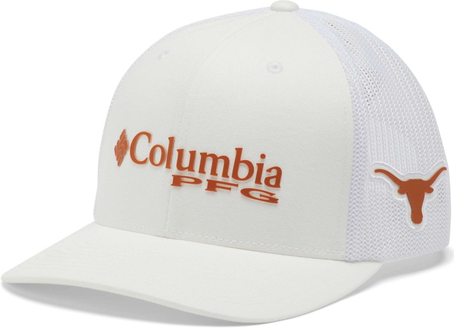 Hats * | Columbia Men'S Texas Longhorns Pfg Mesh Adjustable White Trucker Hat