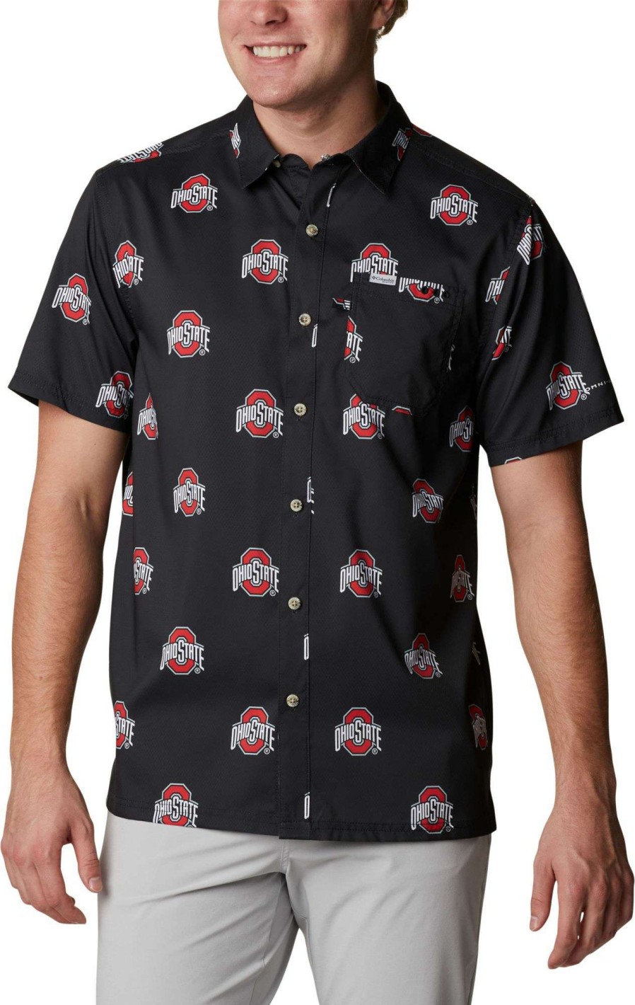 Shirts * | Columbia Men'S Ohio State Buckeyes Black Slack Tide Button-Down Shirt