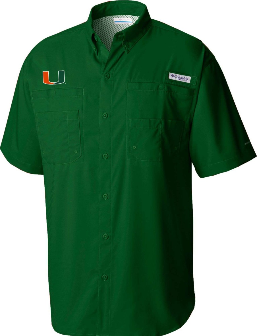 Shirts * | Columbia Men'S Miami Hurricanes Green Tamiami Short Sleeve Button Down Shirt