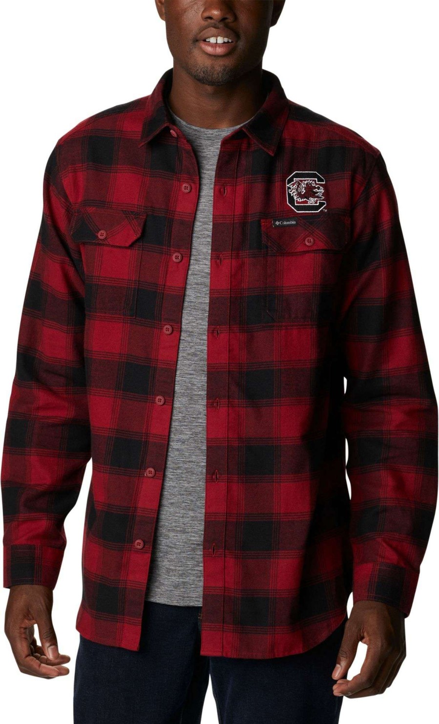 Shirts * | Columbia Men'S South Carolina Gamecocks Garnet Plaid Flare Gun Flannel Button Down Long Sleeve Shirt