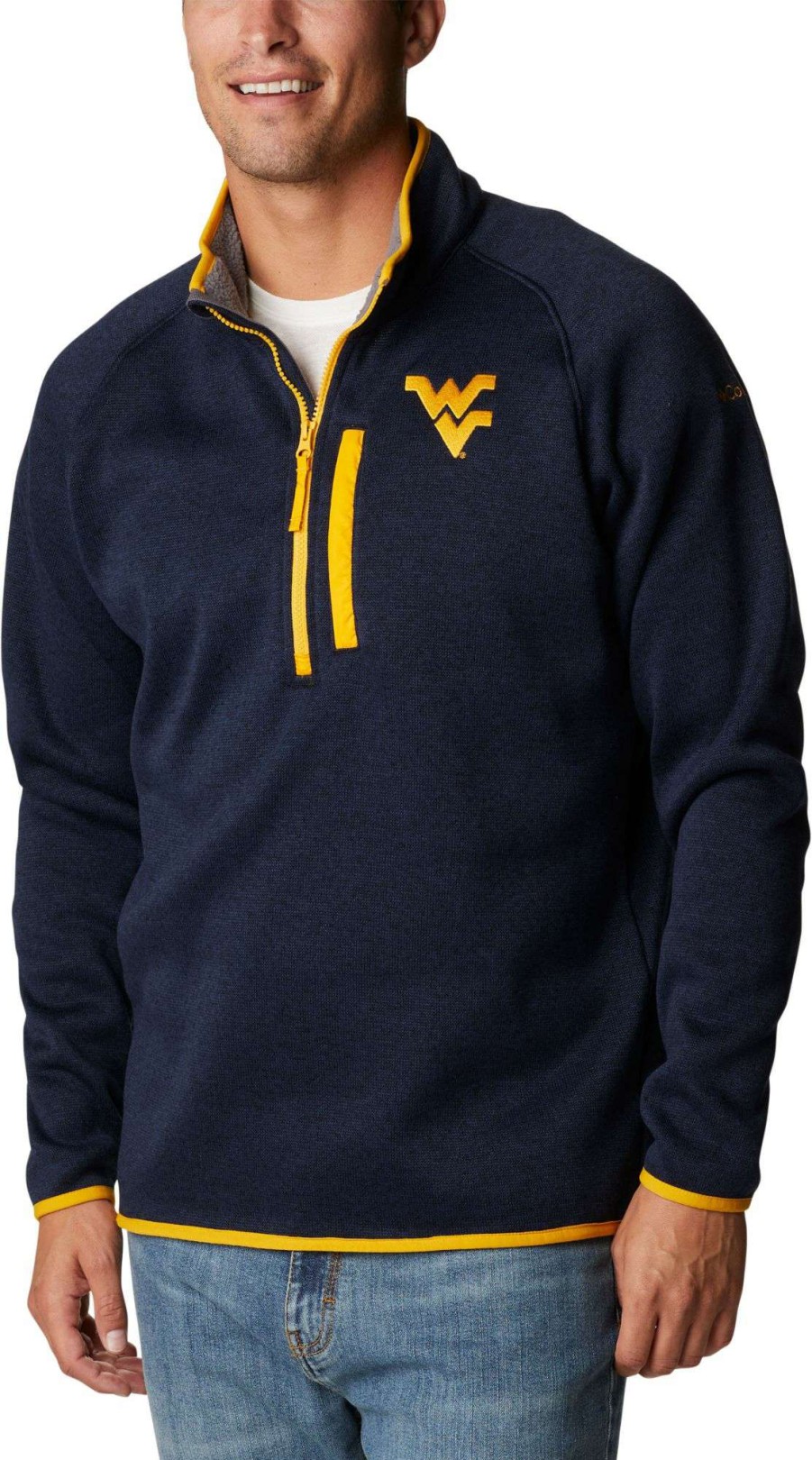 Jackets * | Columbia Men'S West Virginia Mountaineers Blue Canyon Point Half-Zip Pullover Fleece Jacket