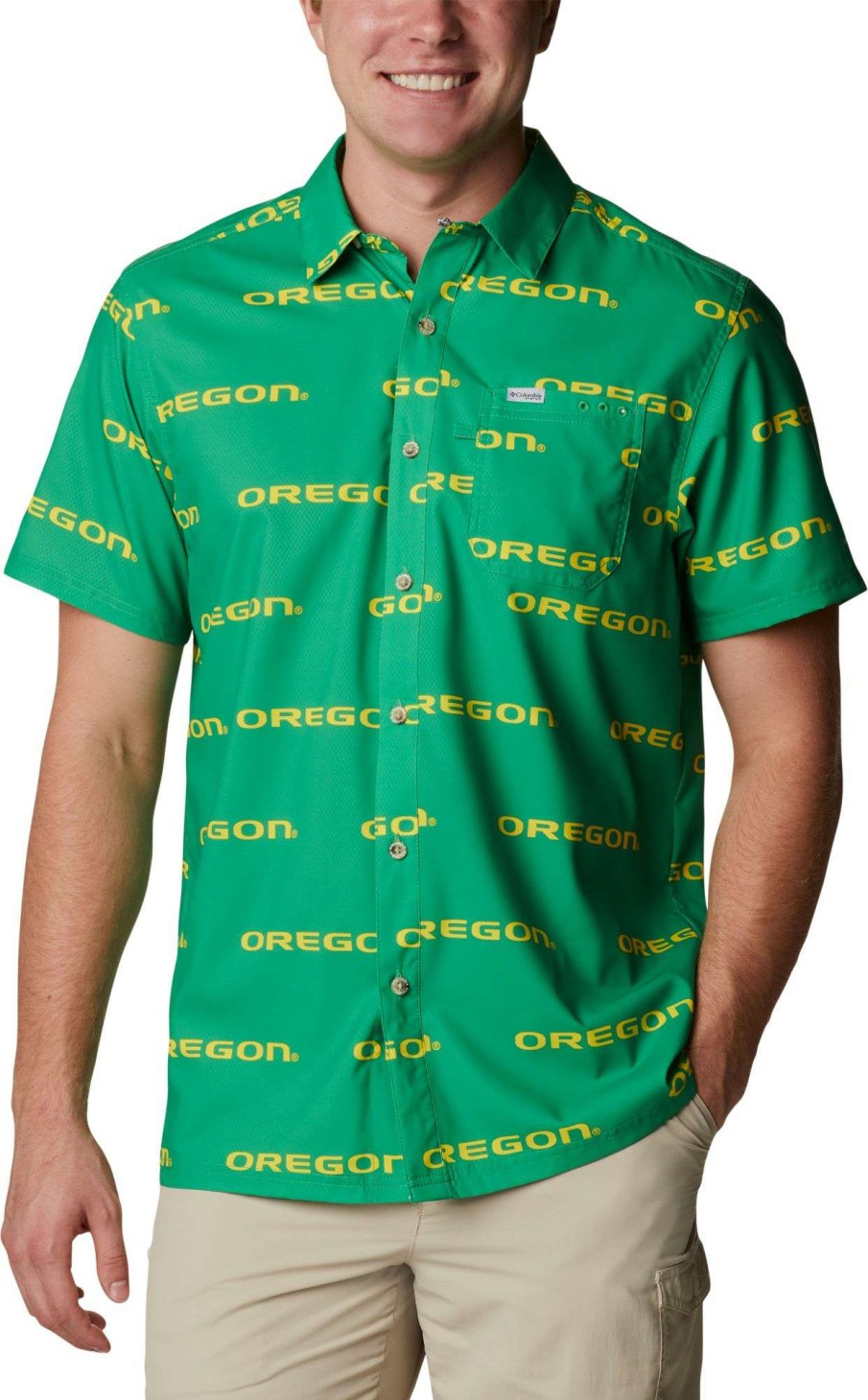 Shirts * | Columbia Men'S Oregon Ducks Green Super Slack Tide Button Down Shirt