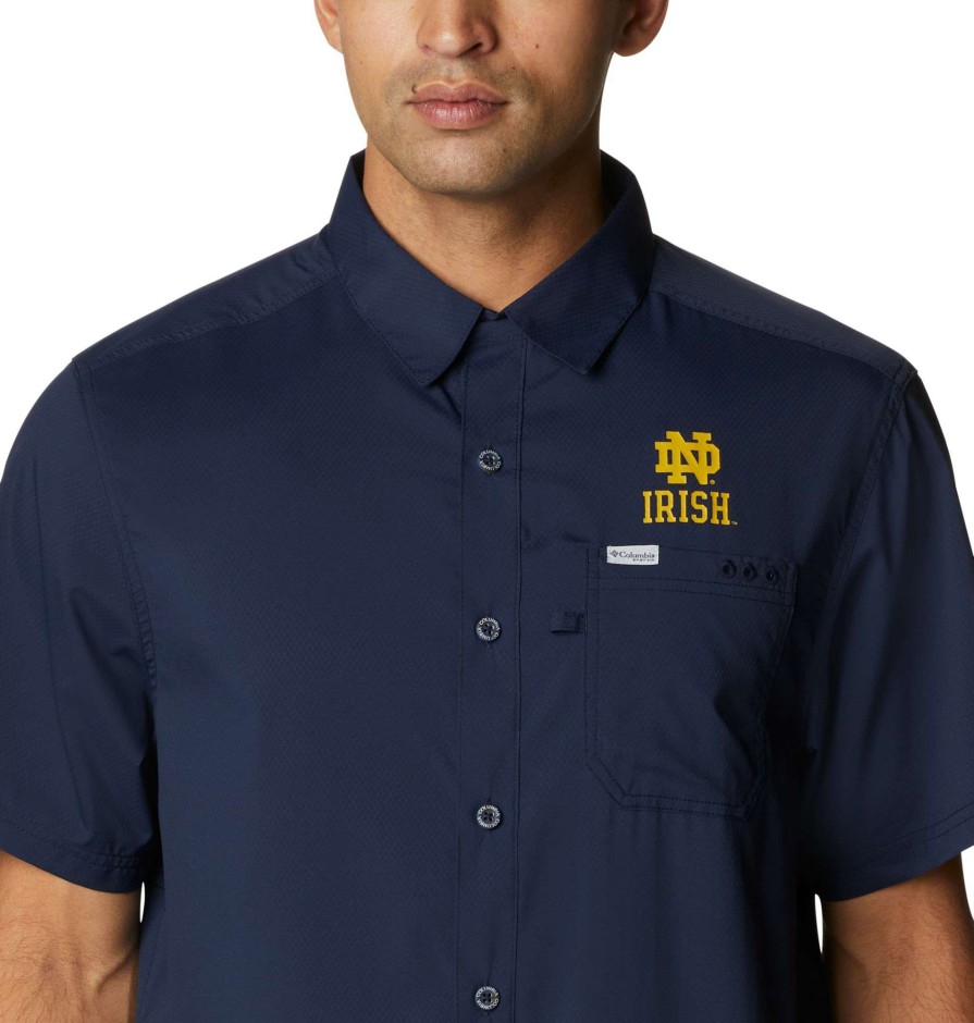 Shirts * | Columbia Men'S Notre Dame Fighting Irish Navy Slack Tide Camp Button Down Shirt