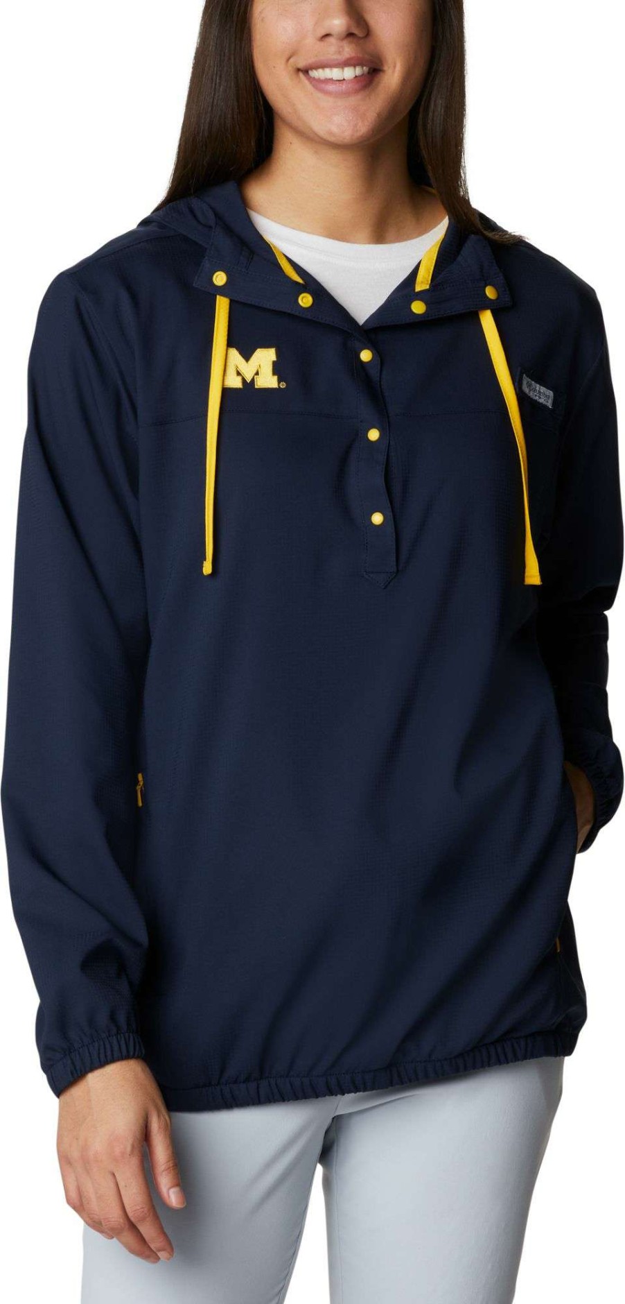 Sweatshirts * | Columbia Women'S Michigan Wolverines Blue Pfg Tamiami Quarter-Snap Long Sleeve Hooded Shirt