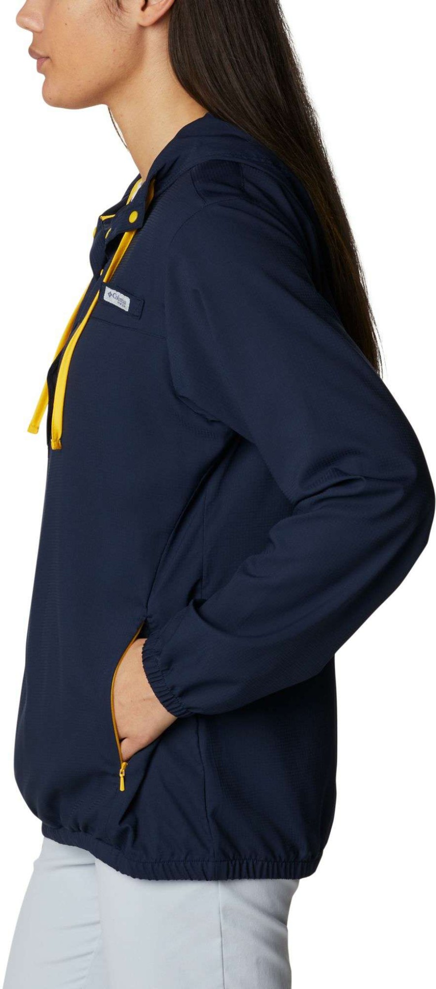 Sweatshirts * | Columbia Women'S Michigan Wolverines Blue Pfg Tamiami Quarter-Snap Long Sleeve Hooded Shirt