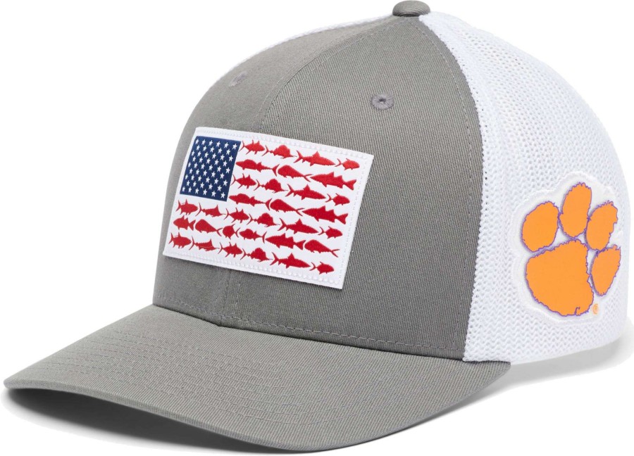 Hats * | Columbia Men'S Clemson Tigers Grey Pfg Flag Mesh Fitted Hat