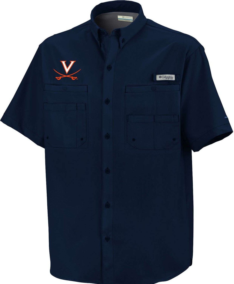 Shirts * | Columbia Men'S Virginia Cavaliers Blue Button-Down Performance Short Sleeve Shirt