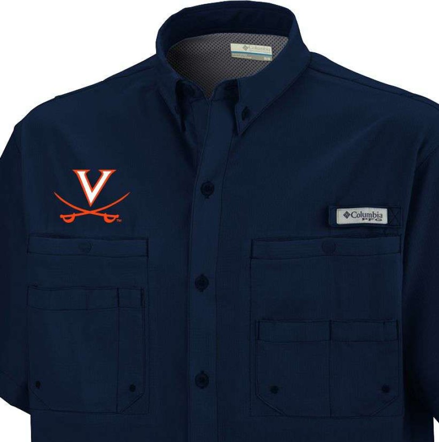 Shirts * | Columbia Men'S Virginia Cavaliers Blue Button-Down Performance Short Sleeve Shirt