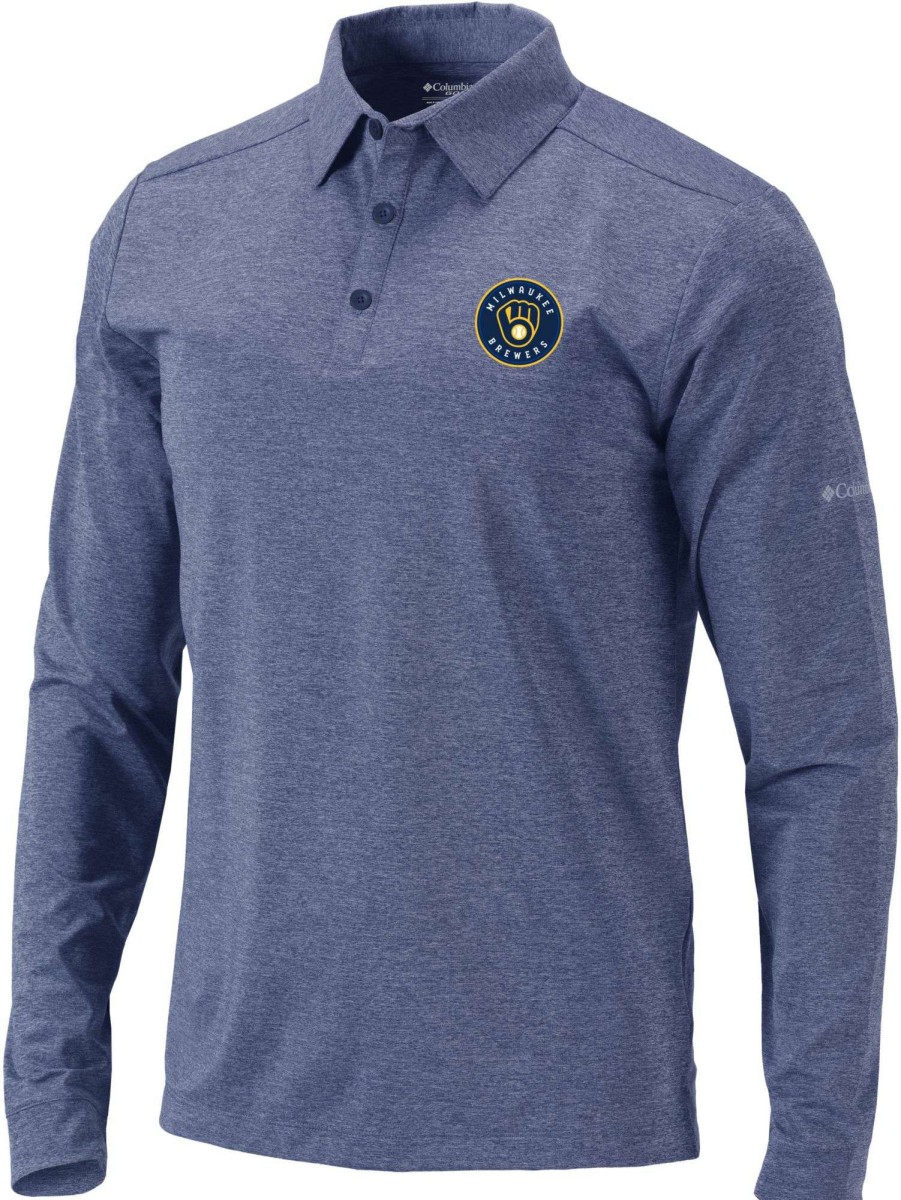 Shirts * | Columbia Men'S Milwaukee Brewers Navy Pin High Long Sleeve Polo