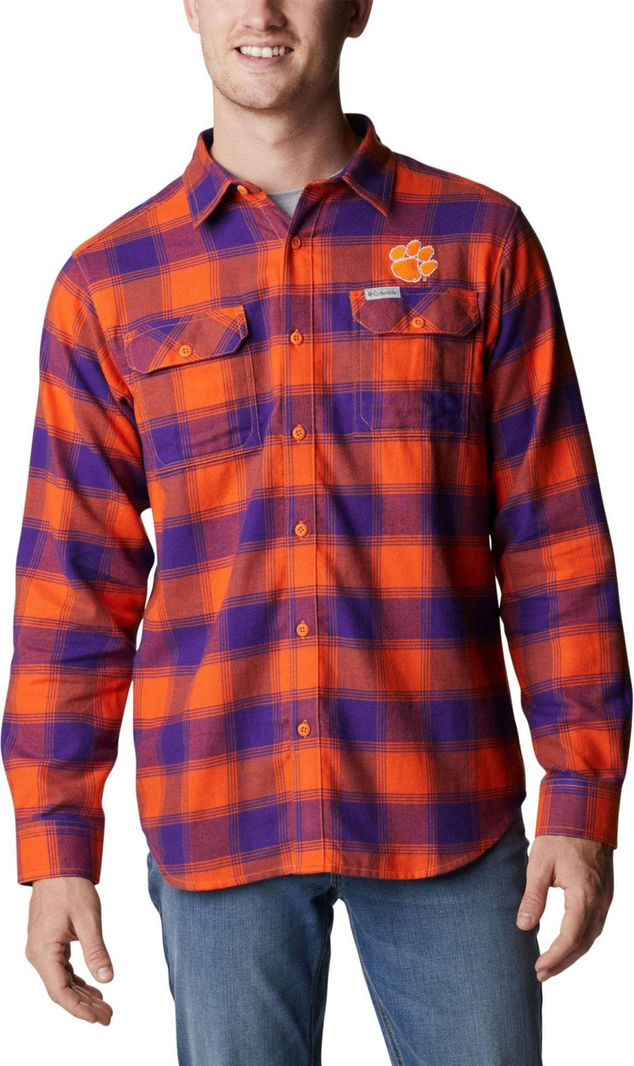 Shirts * | Columbia Men'S Clemson Tigers Orange Plaid Flare Gun Flannel Button Down Long Sleeve Shirt