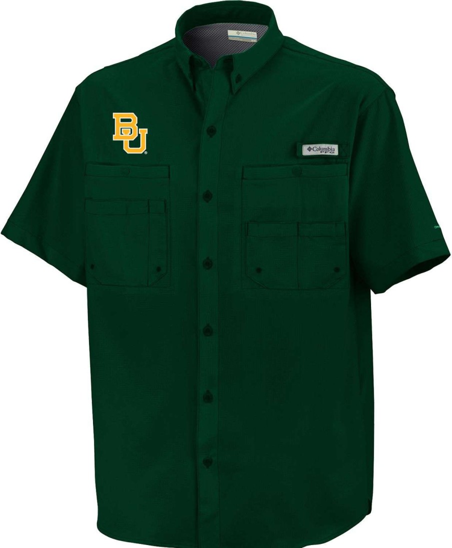 Shirts * | Columbia Men'S Baylor Bears Green Button-Down Performance Short Sleeve Shirt