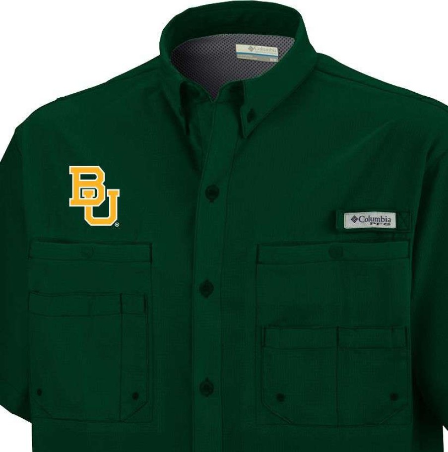 Shirts * | Columbia Men'S Baylor Bears Green Button-Down Performance Short Sleeve Shirt