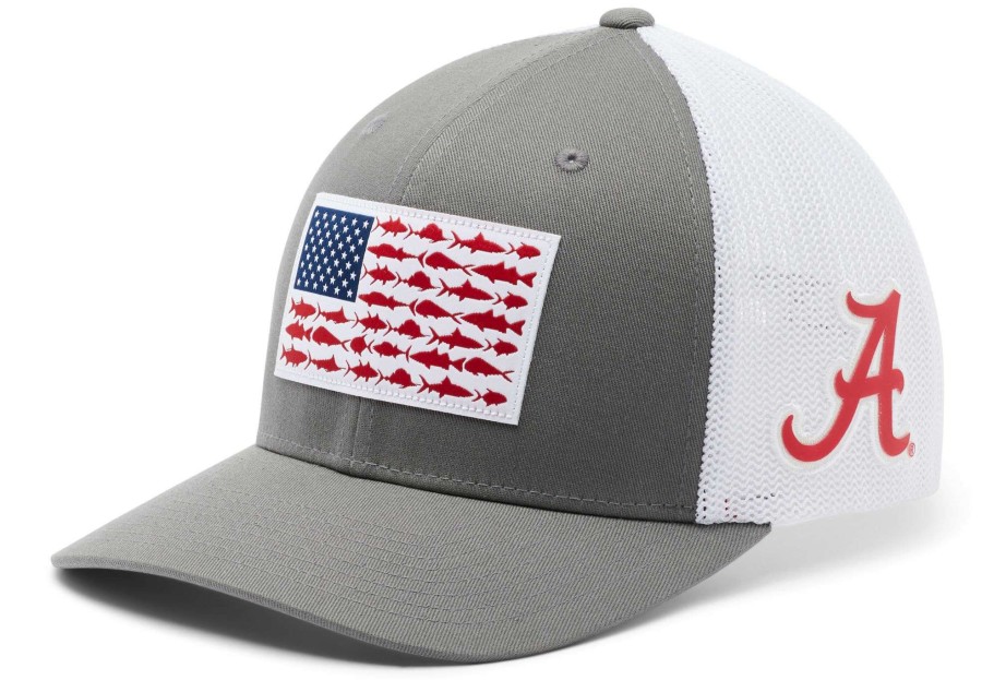 Hats * | Columbia Men'S Alabama Crimson Tide Grey Pfg Fish Flag Mesh Fitted Hat