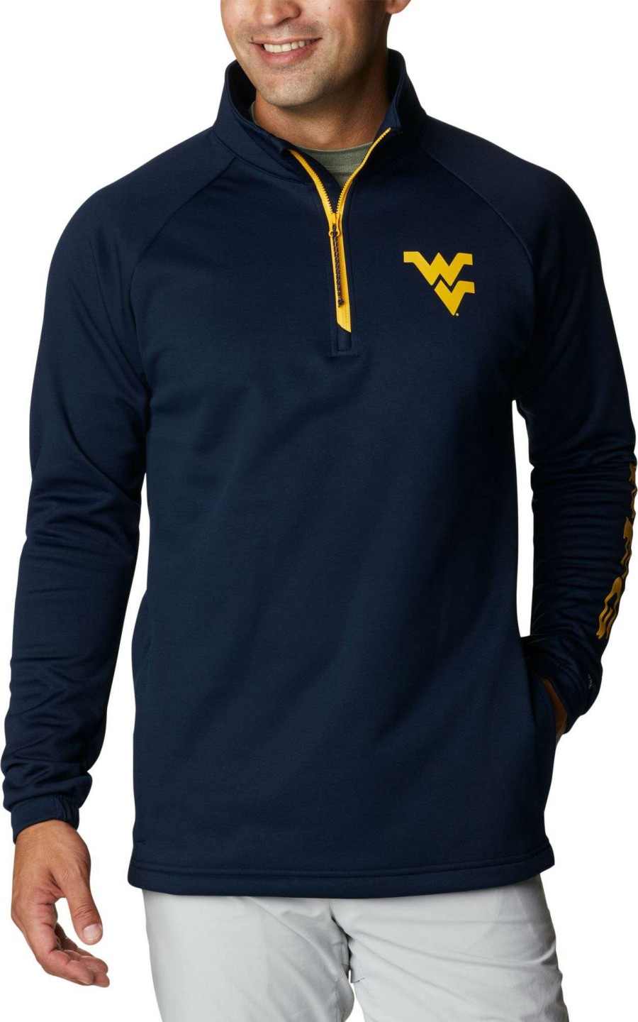 Jackets * | Columbia Men'S West Virginia Mountaineers Blue Pfg Terminal Tackle Quarter-Zip Pullover Shirt