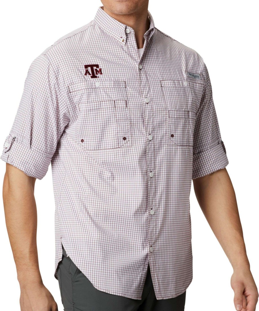 Shirts * | Columbia Men'S Texas A&M Aggies Maroon Gingham Long Sleeve Tamiami Shirt