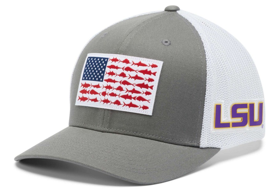 Hats * | Columbia Men'S Lsu Tigers Grey Pfg Fish Flag Mesh Fitted Hat