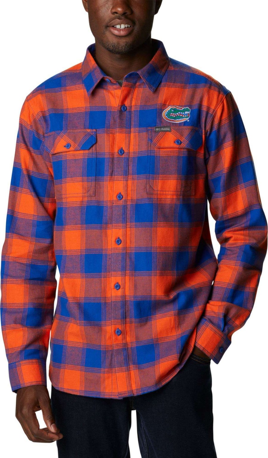 Shirts * | Columbia Men'S Florida Gators Blue Plaid Flare Gun Flannel Button Down Long Sleeve Shirt