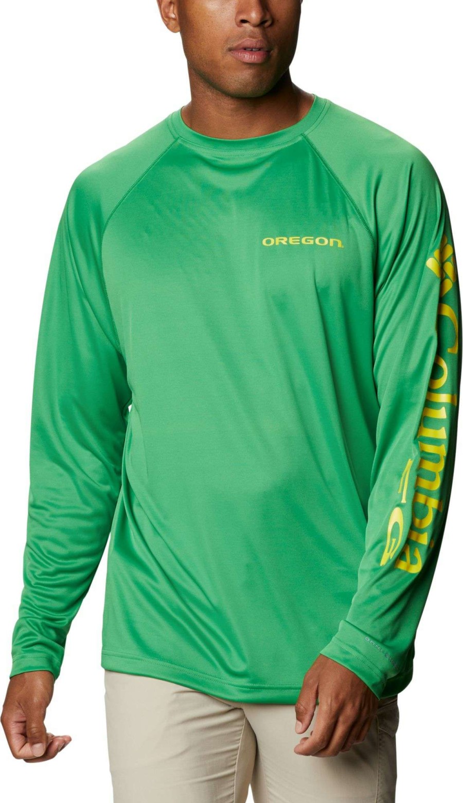 Shirts * | Columbia Men'S Oregon Ducks Green Terminal Tackle Long Sleeve T-Shirt