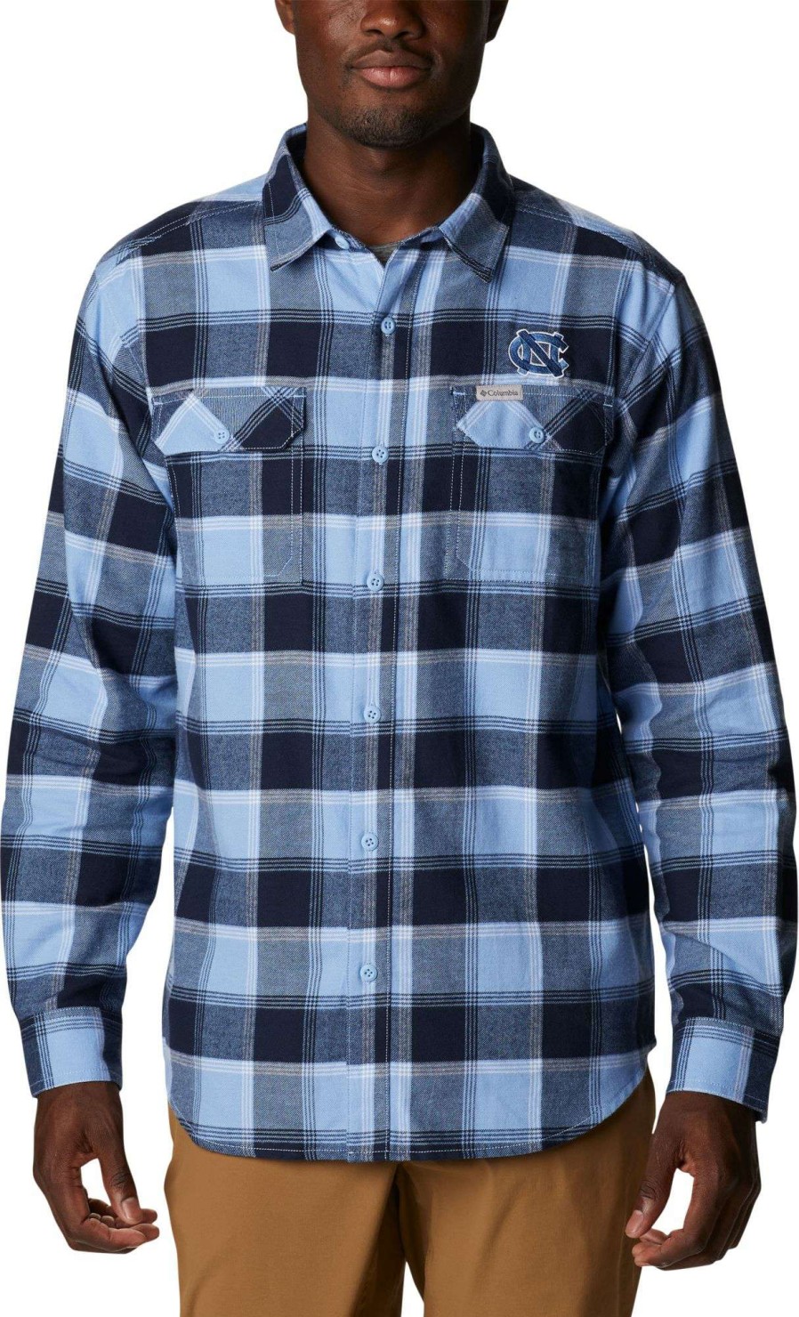 Shirts * | Columbia Men'S North Carolina Tar Heels Carolina Blue Plaid Flare Gun Flannel Button Down Long Sleeve Shirt