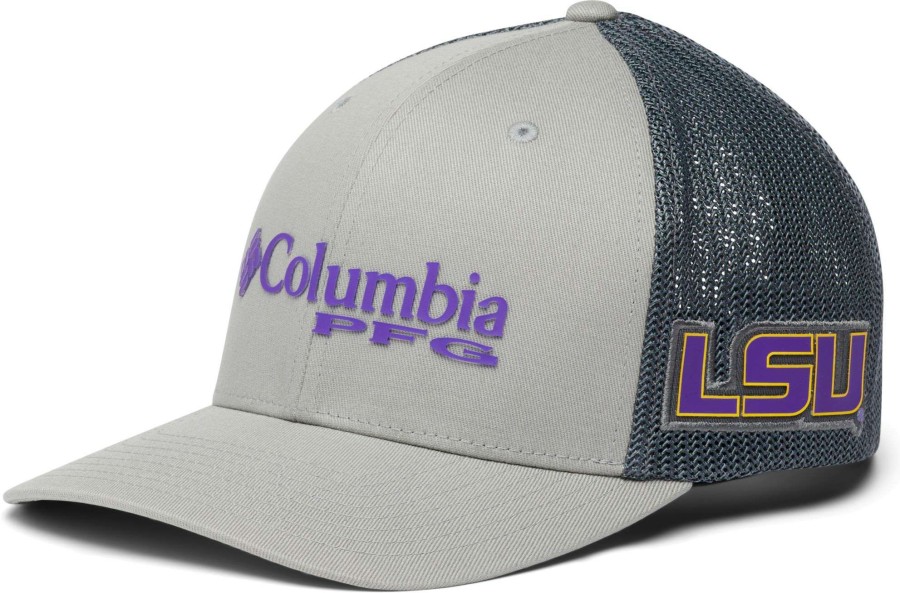 Hats * | Columbia Men'S Lsu Tigers Pfg Mesh Fitted Grey Hat