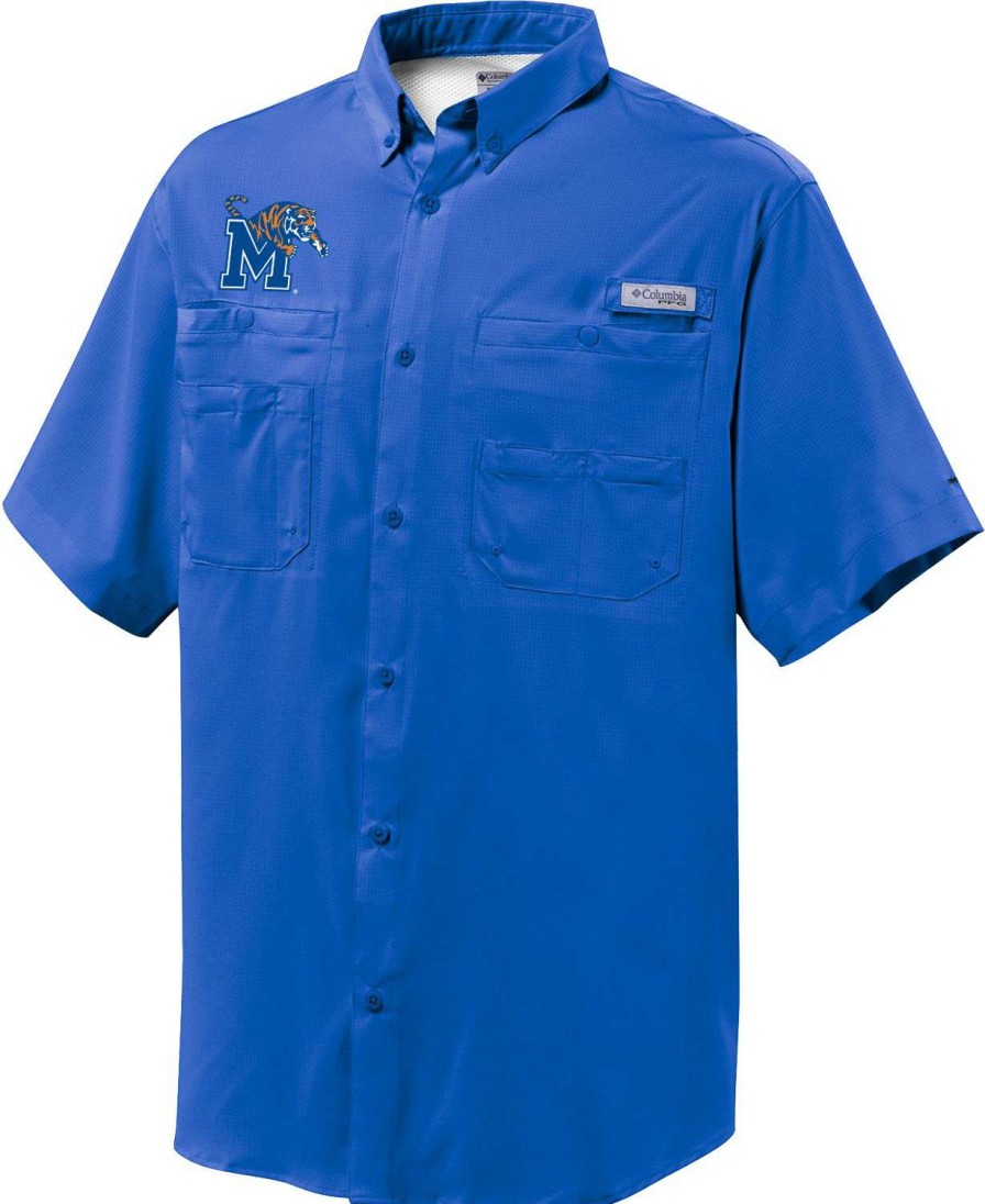 Shirts * | Columbia Men'S Memphis Tigers Blue Button-Down Performance Short Sleeve Shirt