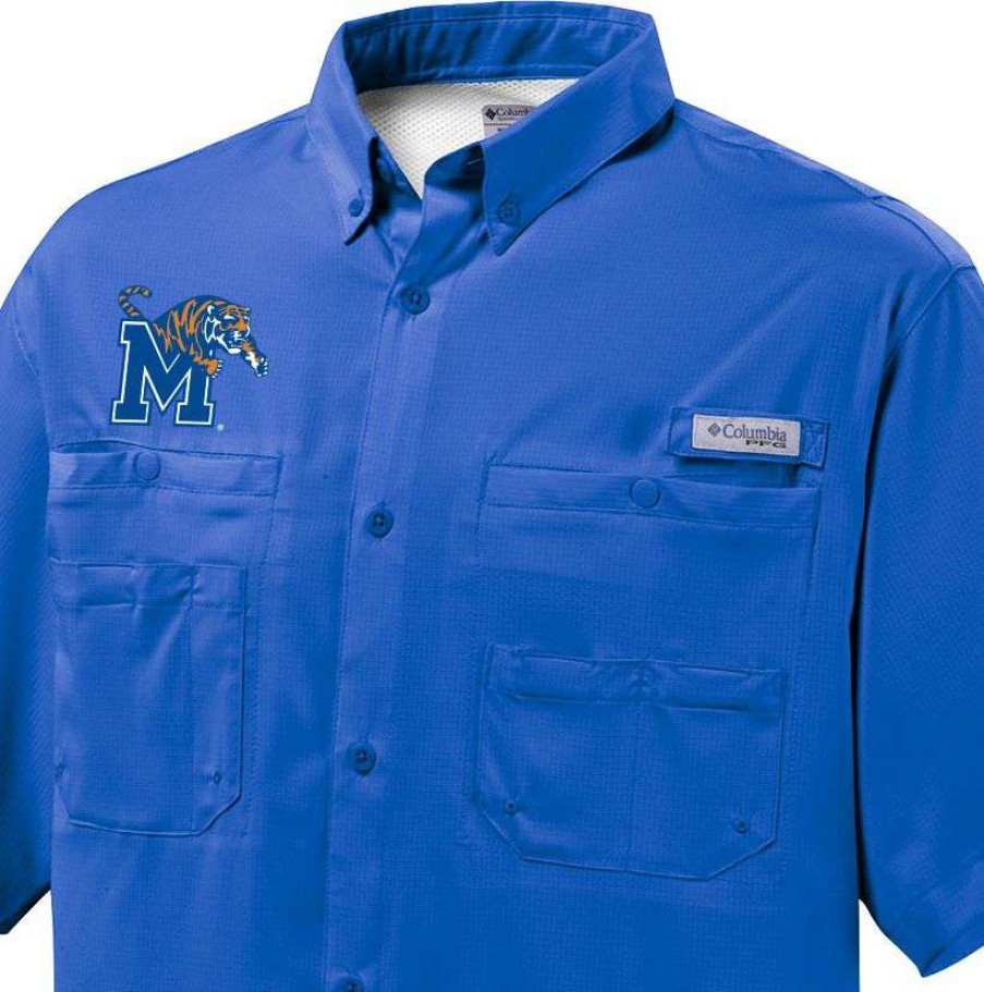 Shirts * | Columbia Men'S Memphis Tigers Blue Button-Down Performance Short Sleeve Shirt