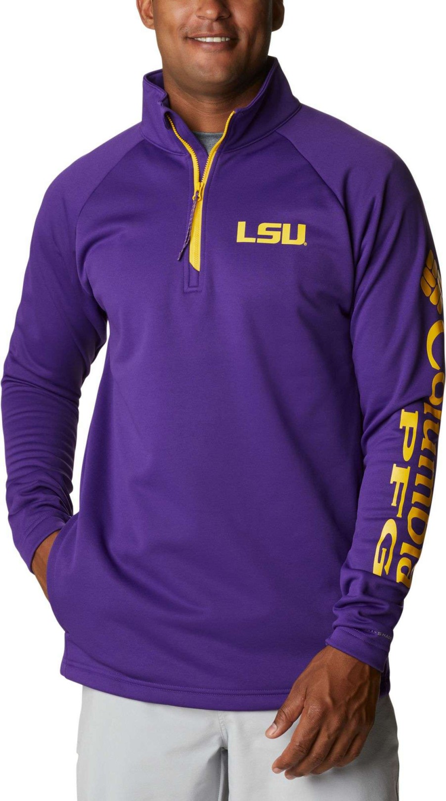 Jackets * | Columbia Men'S Lsu Tigers Purple Pfg Terminal Tackle Quarter-Zip Pullover Shirt