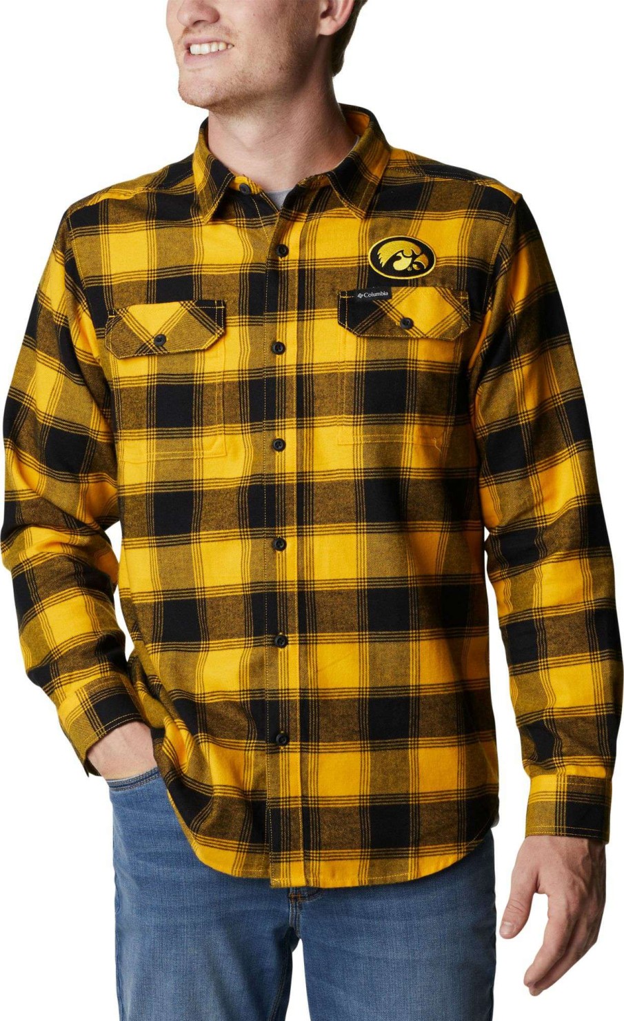 Shirts * | Columbia Men'S Iowa Hawkeyes Gold Plaid Flare Gun Flannel Button Down Long Sleeve Shirt