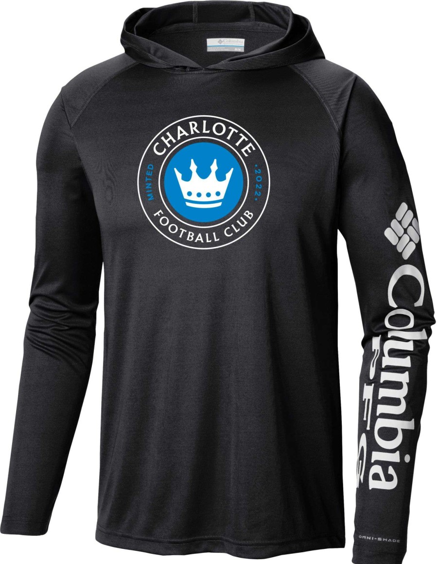 Shirts * | Columbia Charlotte Fc Pfg Super Terminal Tackle Black Long Sleeve Hooded T-Shirt For Men