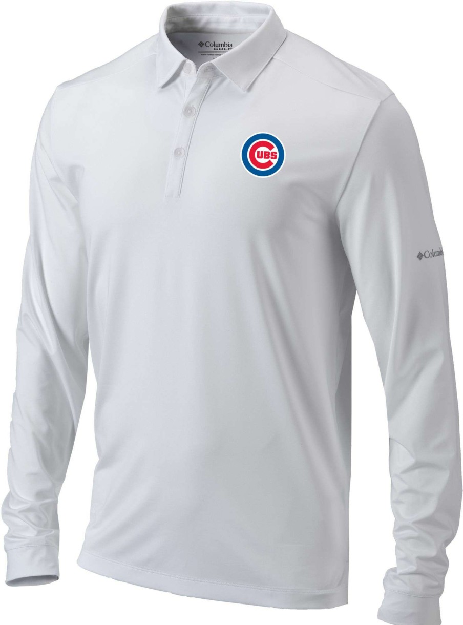 Shirts * | Columbia Men'S Chicago Cubs White Pin High Long Sleeve Polo