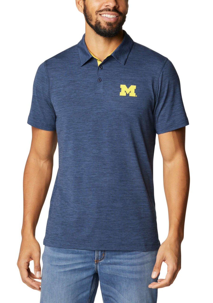 Shirts * | Columbia Men'S Michigan Wolverines Blue Tech Trail Polo