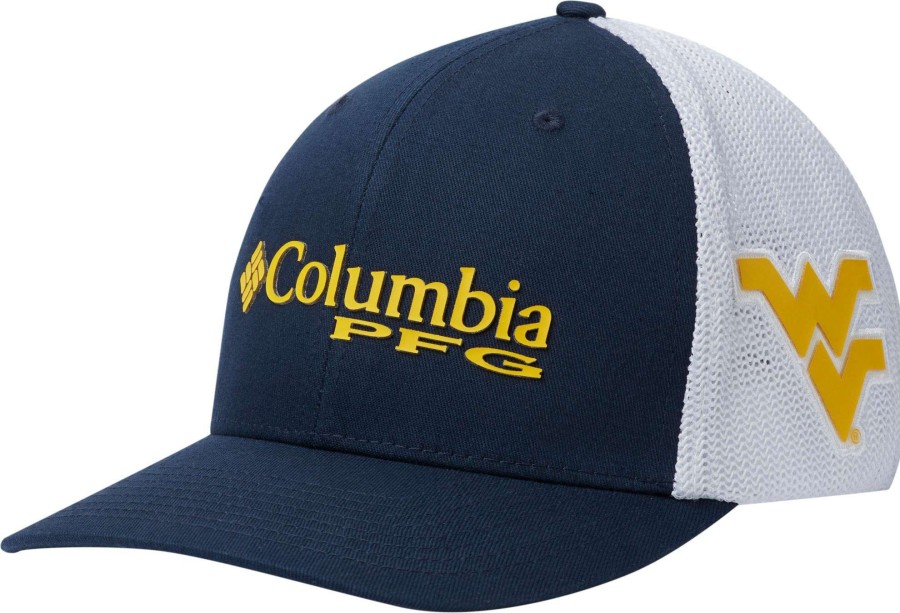 Hats * | Columbia Men'S West Virginia Mountaineers Blue/White Pfg Mesh Fitted Hat