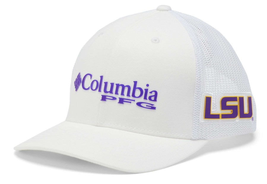 Hats * | Columbia Men'S Lsu Tigers Pfg Mesh Fitted White Hat