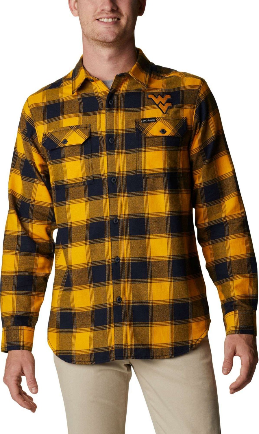 Shirts * | Columbia Men'S West Virginia Mountaineers Blue Plaid Flare Gun Flannel Button Down Long Sleeve Shirt