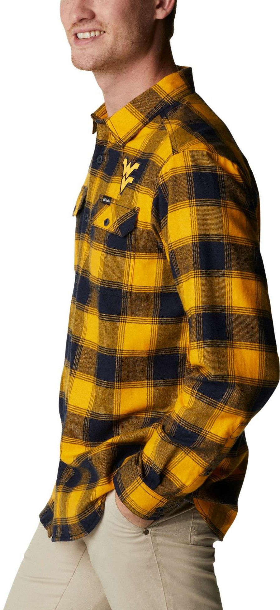 Shirts * | Columbia Men'S West Virginia Mountaineers Blue Plaid Flare Gun Flannel Button Down Long Sleeve Shirt